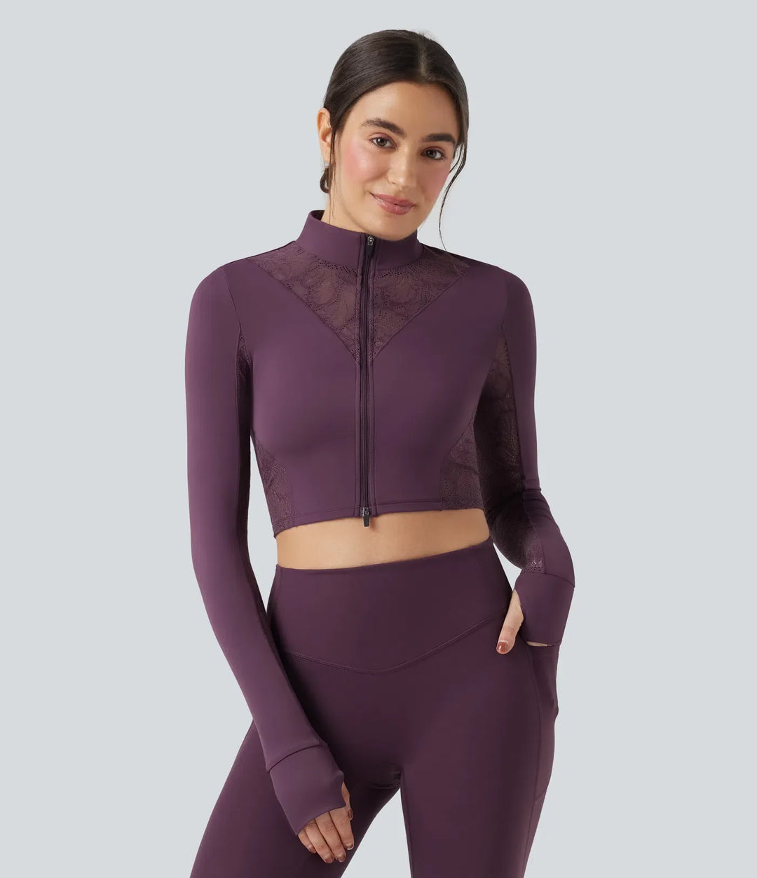 SoftlyZero Thumb Holes Contrast Lace Double Zipper Yoga Jacket