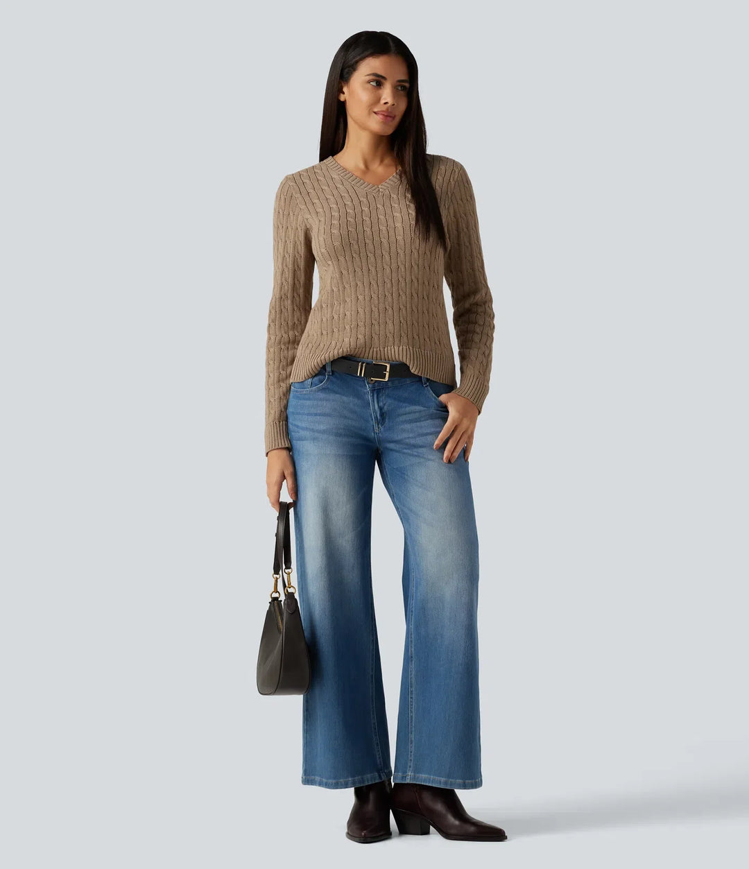 Cable Knit V Neck Long Sleeve Work Sweater