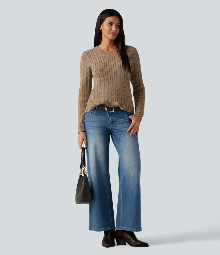 Cable Knit V Neck Long Sleeve Work Sweater