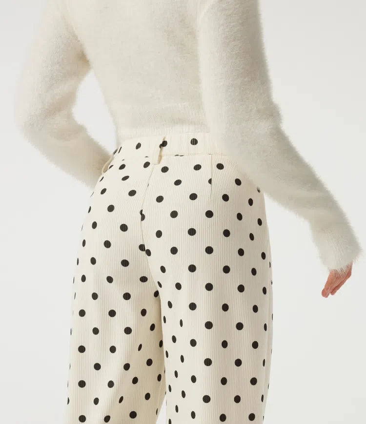 Mid Rise Barrel Leg Polka Dot Corduroy Casual Pants with Pockets