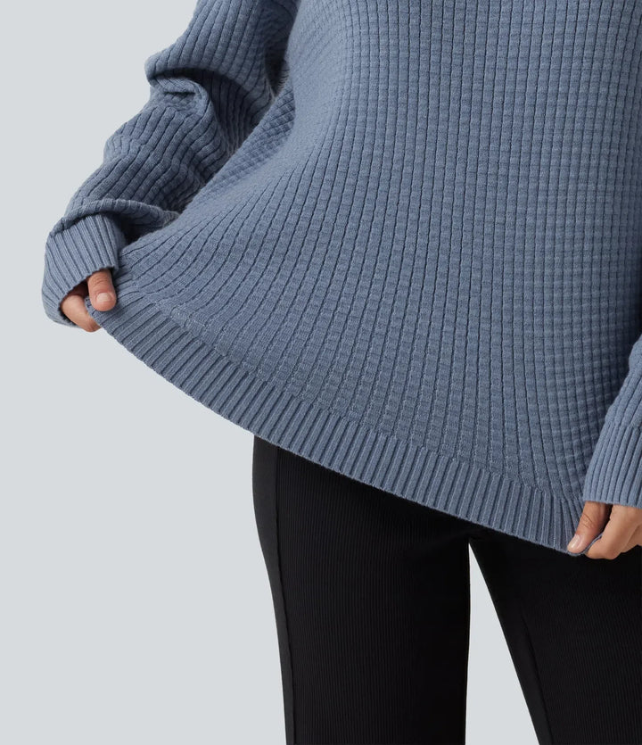 Round Neck Long Sleeve Curved Hem Work Sweater