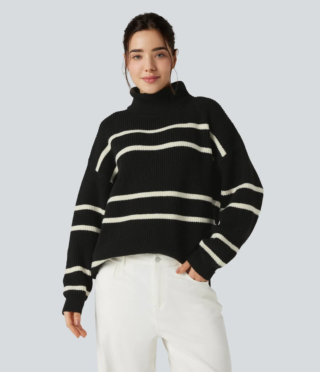 High Neck Long Sleeve Color Block Casual Sweater