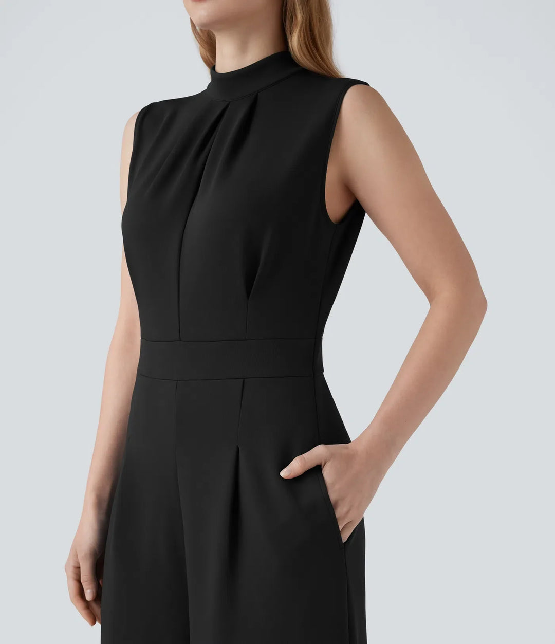 Mock-neck Zipper Sleeveless Work Wide Leg Jumpsuit with Pockets
