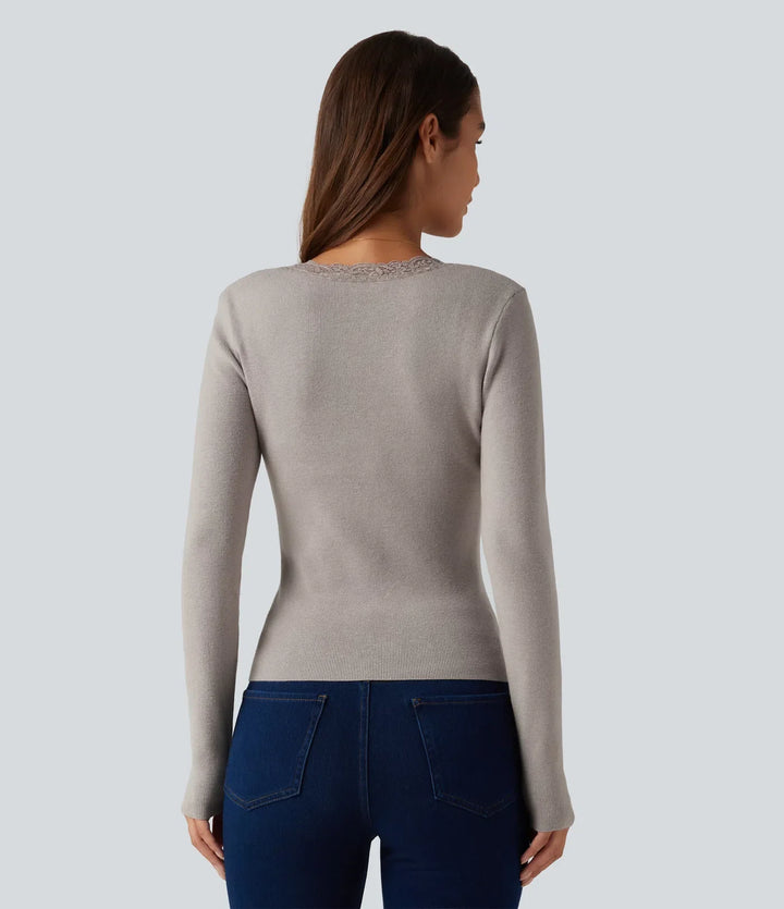 Round Neck Long Sleeve Contrast Lace Casual Sweater