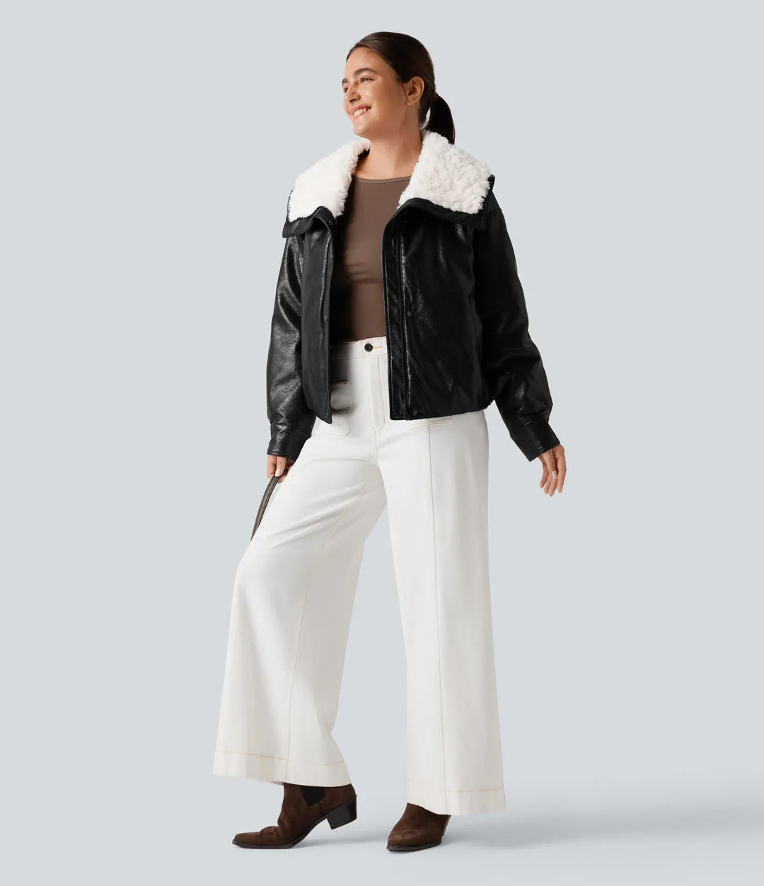 Faux Fur Collar Zip Fly Casual Faux Leather Jacket with Pockets