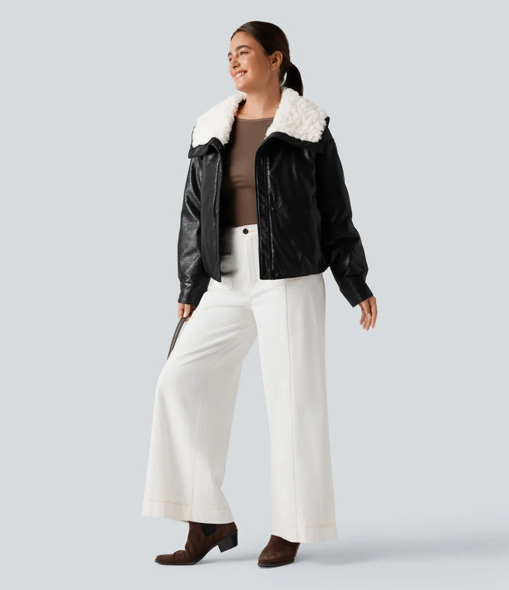 Faux Fur Collar Zip Fly Casual Faux Leather Jacket with Pockets