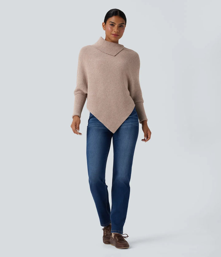 Turtleneck Batwing Sleeve Asymmetric Hem Casual Sweater