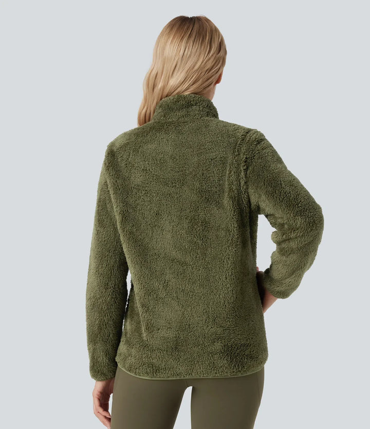 Stand Collar Long Sleeve Casual Sherpa Jacket with Pockets
