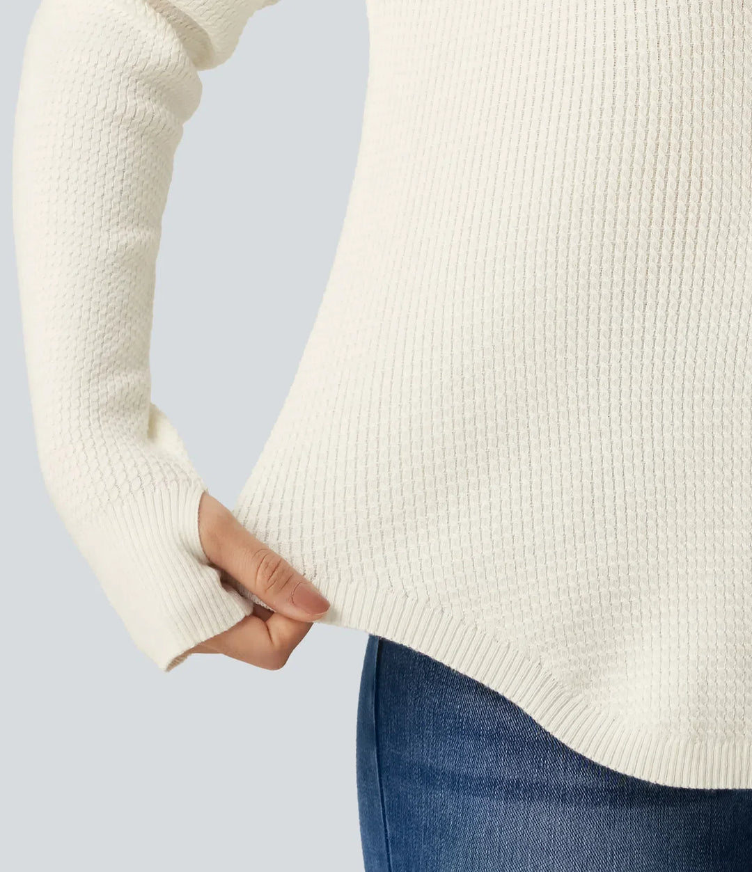 Henley Neck Long Sleeve Thumb Hole Curved Hem Casual Sweater