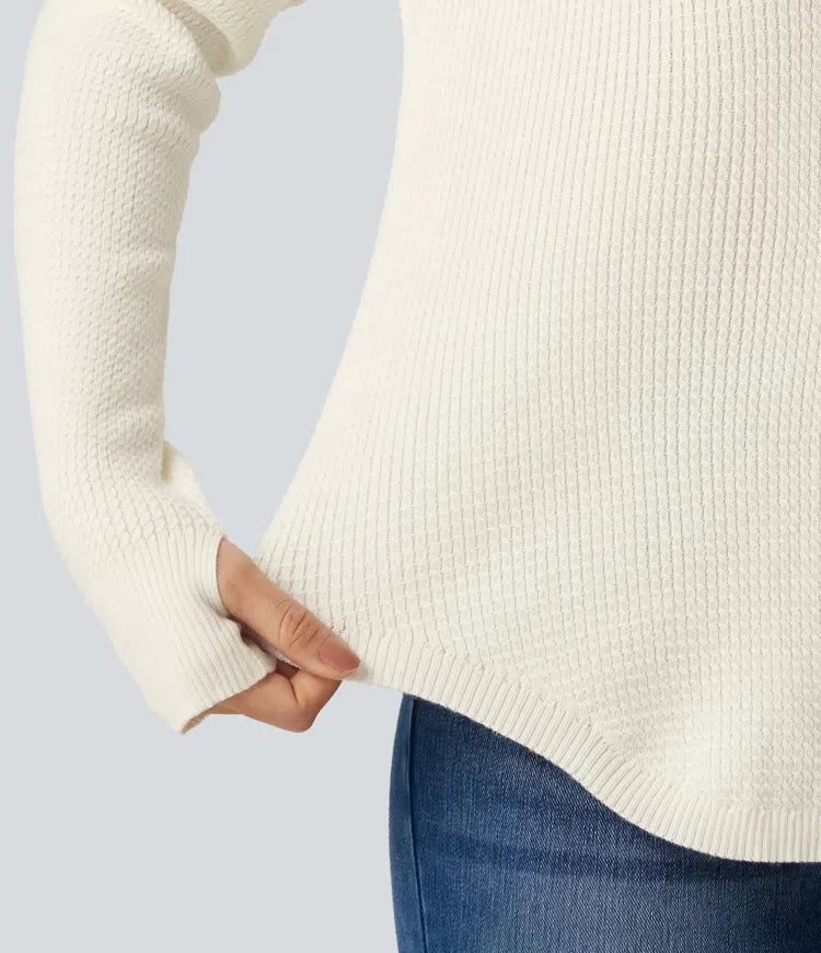 Henley Neck Long Sleeve Thumb Hole Curved Hem Casual Sweater