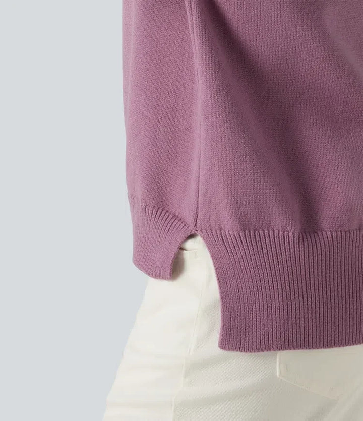 Round Neck Long Sleeve Slit Hem Casual Sweater