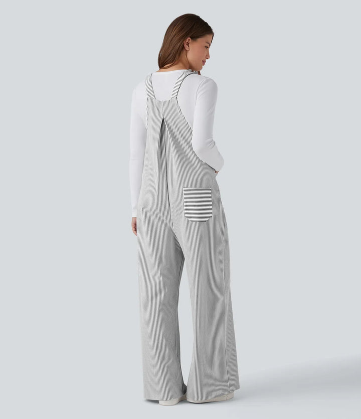 Adjustable Straps Stripes Wide Leg Casual Overalls with Pockets