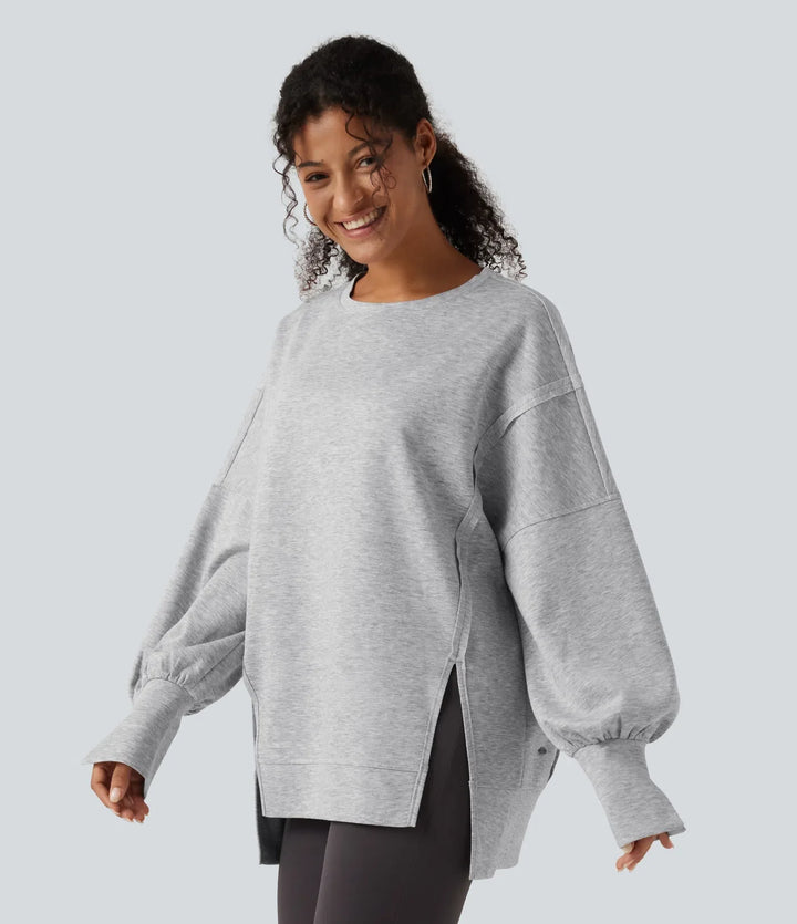 Round Neck Dropped Long Sleeve Slit Hem Casual Sweatshirt