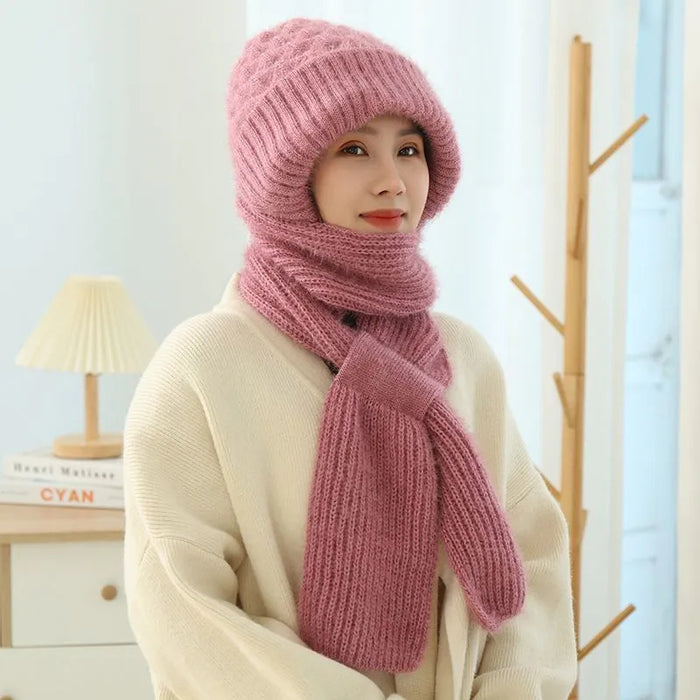 Madison | Knit Hooded Hat with Attached Scarf, Fleece Lined