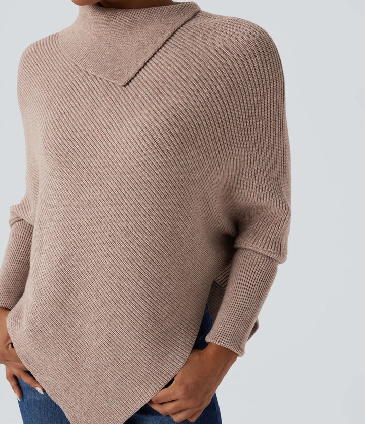 Turtleneck Batwing Sleeve Asymmetric Hem Casual Sweater