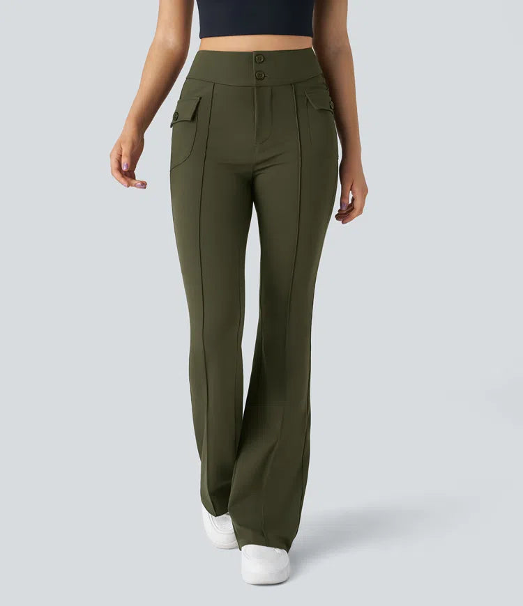 High Waisted Side Flap Pocket Flare Casual Cargo Pants