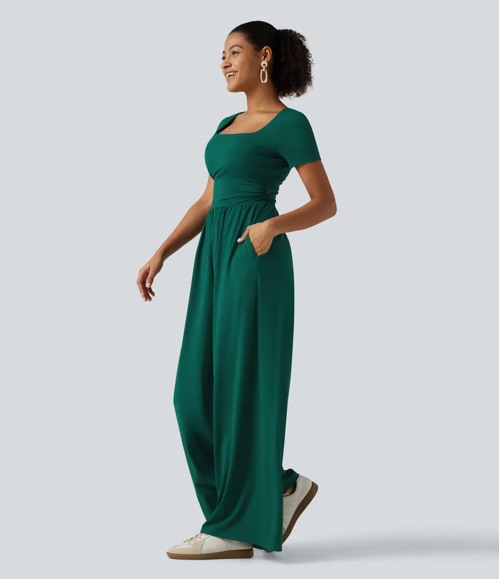 Square Neck Short Sleeve Wide Leg Casual Jumpsuit with Pockets - Easy Peezy Edition