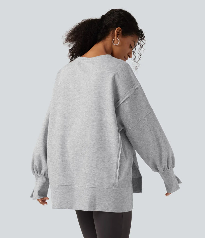 Round Neck Dropped Long Sleeve Slit Hem Casual Sweatshirt