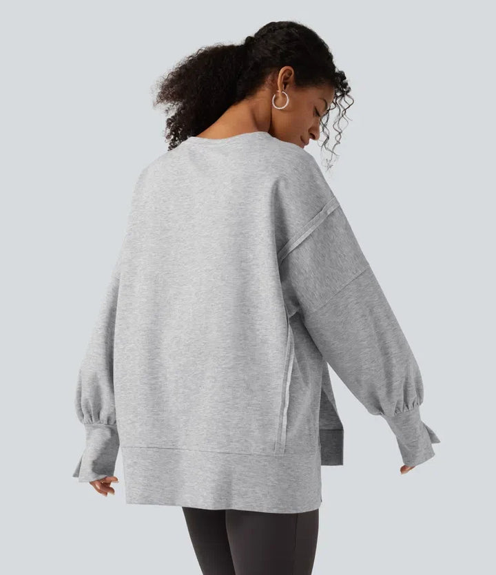 Round Neck Dropped Long Sleeve Slit Hem Casual Sweatshirt