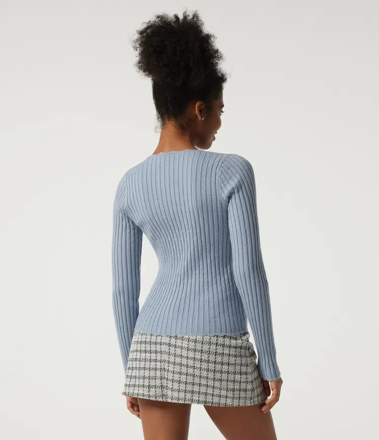 Ribbed Knit Square Neck Long Sleeve Casual Sweater