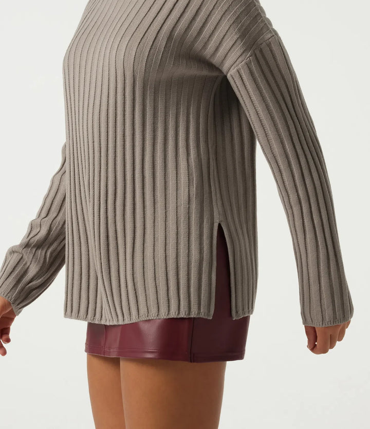 Ribbed Knit High Neck Dropped Long Sleeve Work Sweater