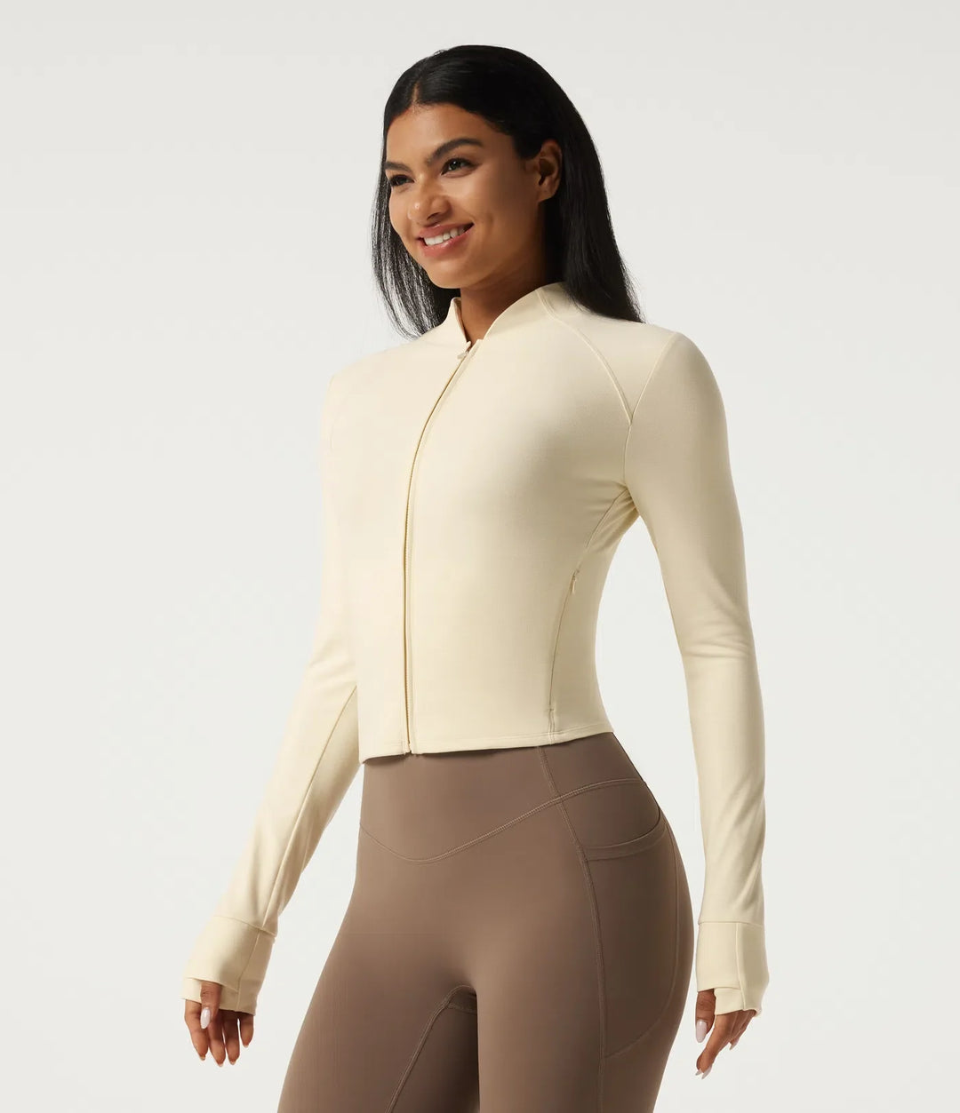 Stand Collar Long Sleeve Zipper Yoga Jacket with Thumbholes and Pockets