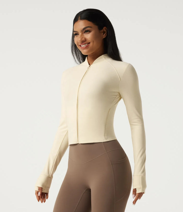Stand Collar Long Sleeve Zipper Yoga Jacket with Thumbholes and Pockets