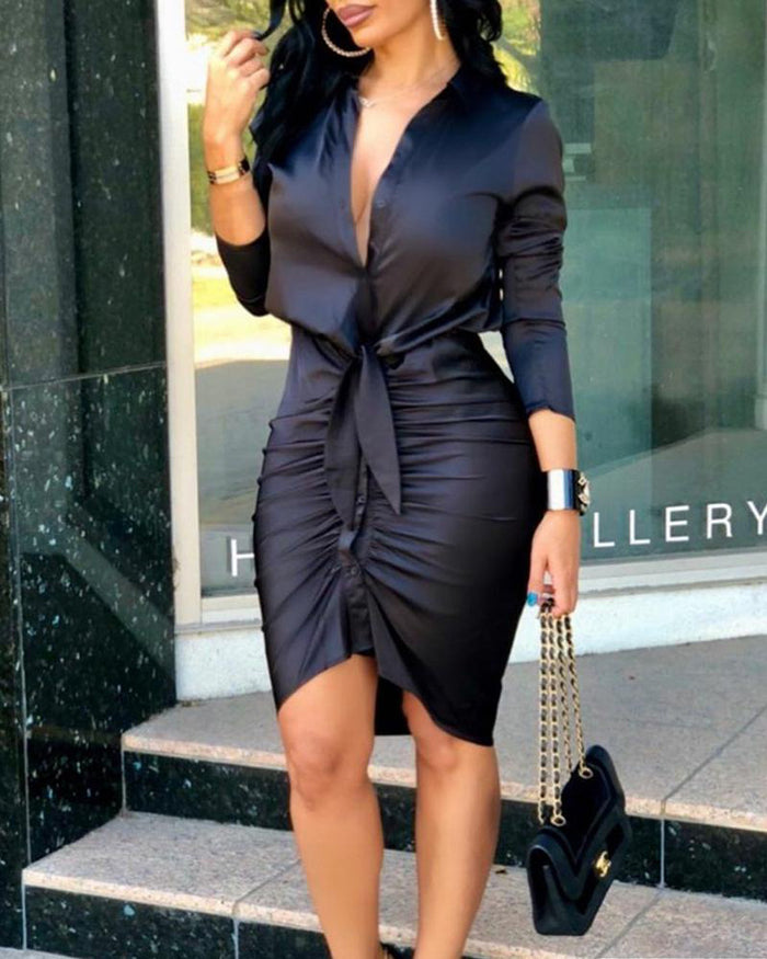 Quinn | Long Sleeve Satin Shirt Dress with Tie Waist and Ruching