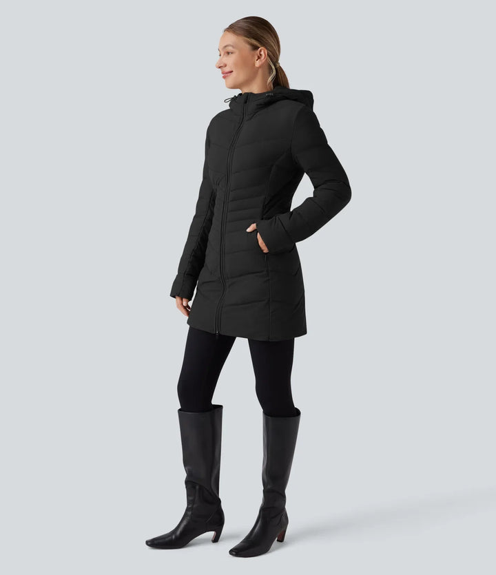 PuffFlex Hooded Longline Stretchy Casual Padded Jacket with Pockets