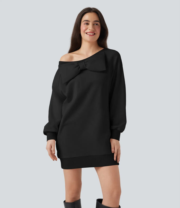 Bow Boat Neck Long Sleeve Casual Cotton Sweatshirt with Pockets