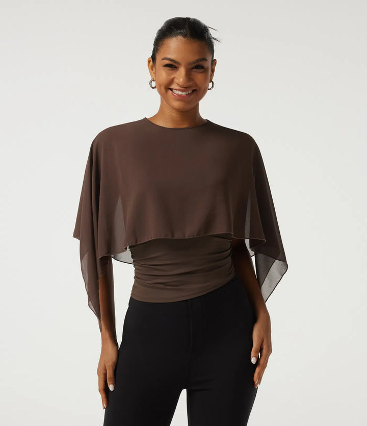 Round Neck Flounce Half Sleeve 2-in-1 Ruched Asymmetrical Hem Work Blouse