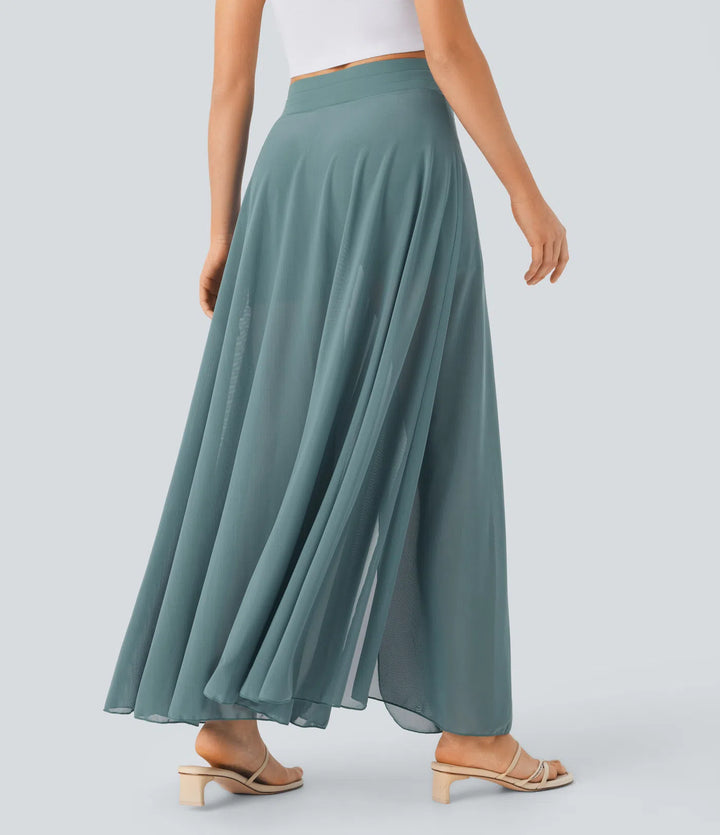 High Waisted Drawstring Contrast Mesh 2-in-1 Pocket Flowy Maxi Flare Casual Skirt