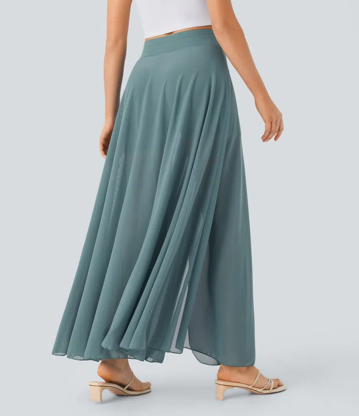High Waisted Drawstring Contrast Mesh 2-in-1 Pocket Flowy Maxi Flare Casual Skirt