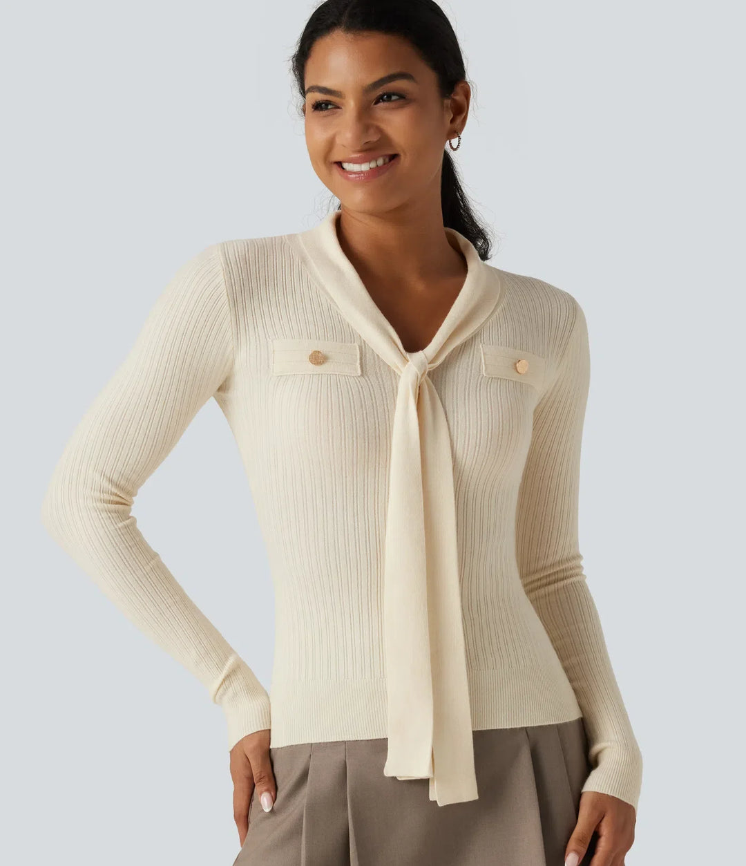 V Neck Long Sleeve Tie Front Slim Work Sweater