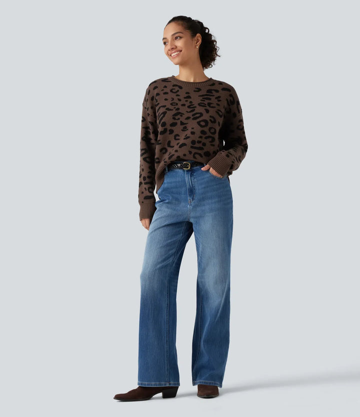 Round Neck Leopard Print Long Sleeve Casual Sweater