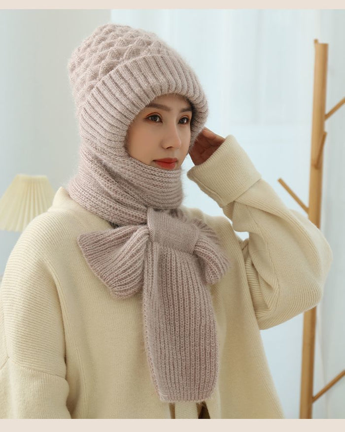 Madison | Knit Hooded Hat with Attached Scarf, Fleece Lined