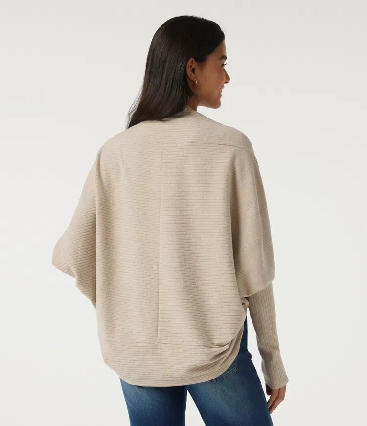 Ribbed Knit Batwing Long Sleeve Curved Hem Casual Cardigan