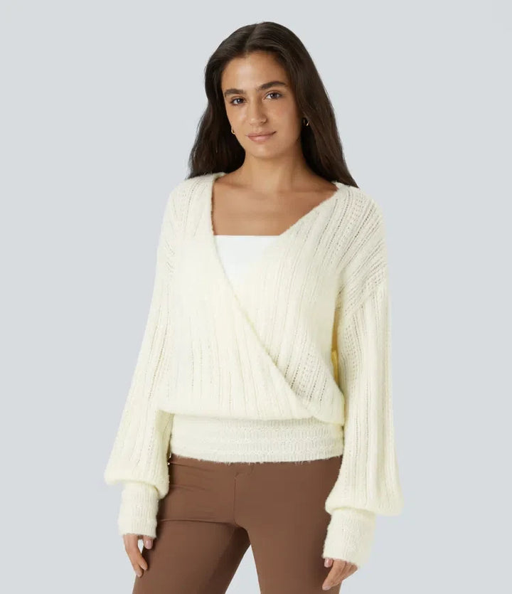 Sheer V Neck Long Sleeve Work Sweater-Front and Back Wearable