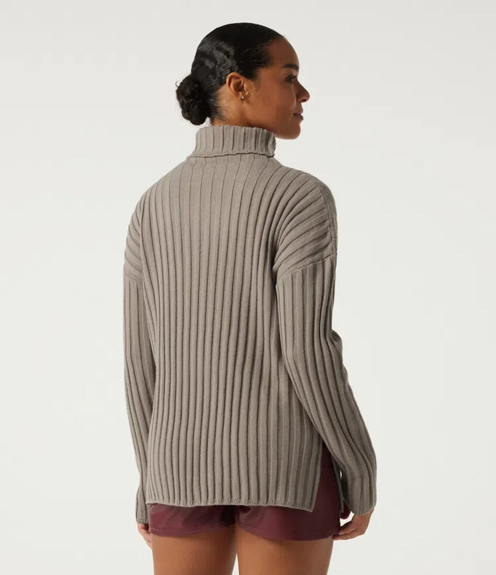 Ribbed Knit High Neck Dropped Long Sleeve Work Sweater
