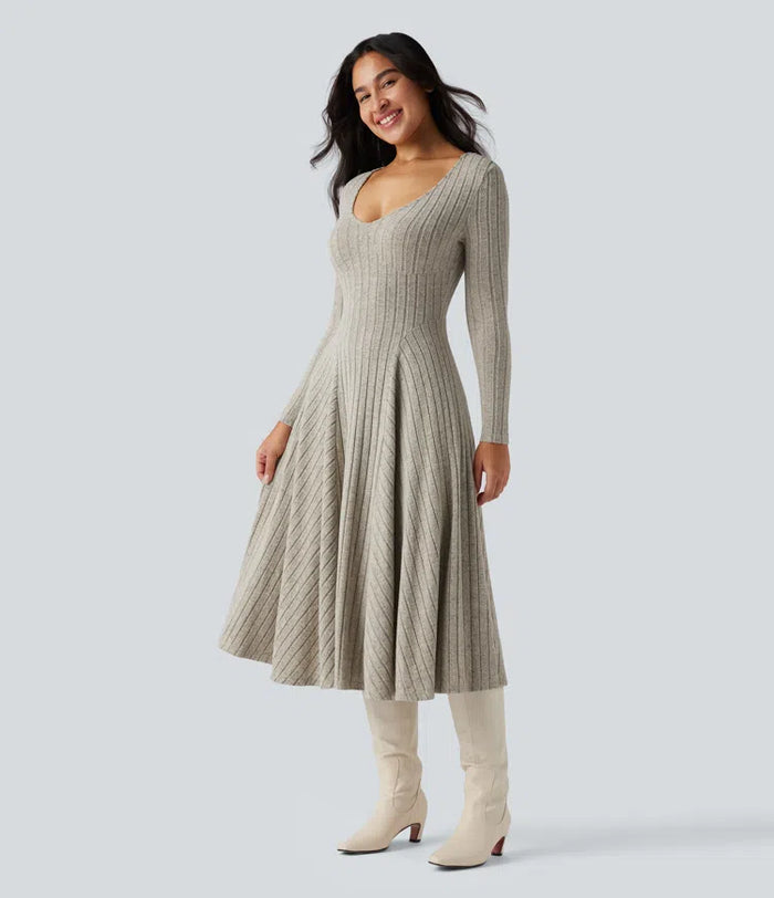 Ribbed Knit V Neck Long Sleeve Flare Midi Casual Dress