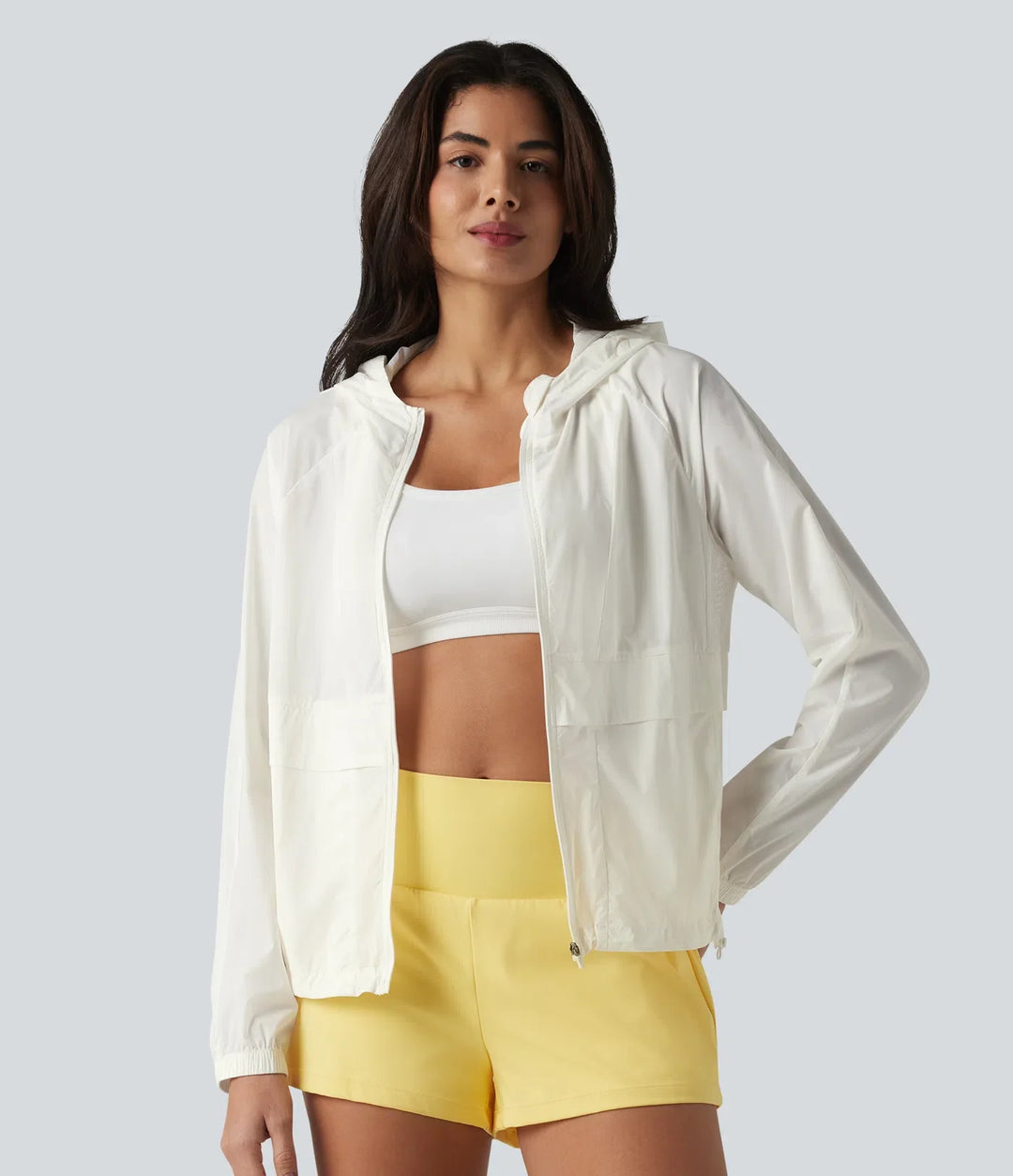 Hooded Long Sleeve Contrast Mesh Running Jacket with Pockets-UPF50+