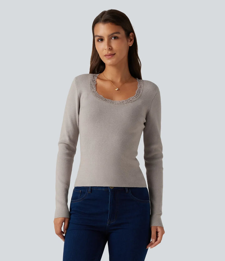 Round Neck Long Sleeve Contrast Lace Casual Sweater