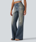 Mid Rise Denim Print Casual Flare Jeans with Pockets