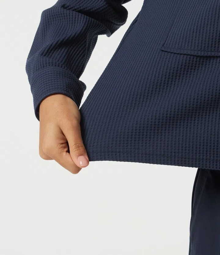 Lapel Dropped Long Sleeve Waffle Casual Jacket with Pockets