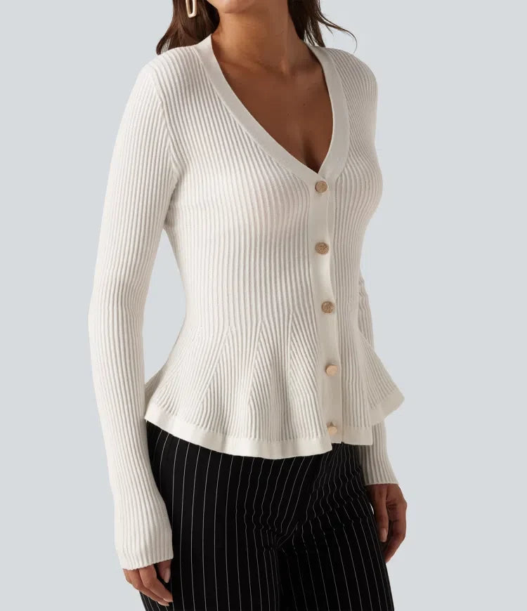 V Neck Long Sleeve Ruffle Hem Slim Work Cardigan
