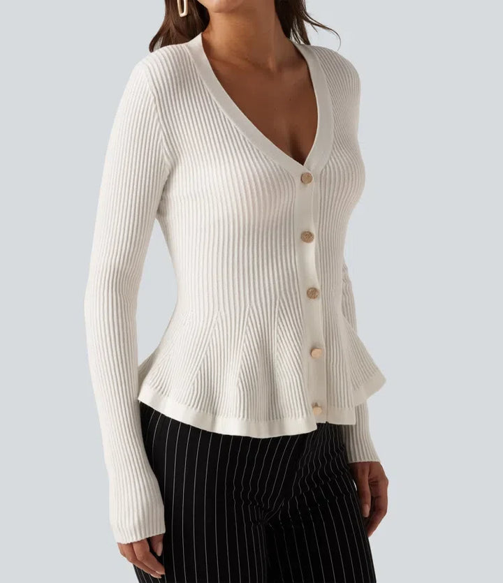 V Neck Long Sleeve Ruffle Hem Slim Work Cardigan