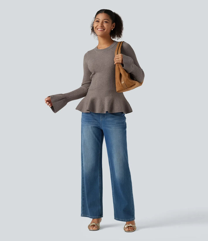 Round Neck Long Sleeve Ruffle Hem Slim Work Sweater