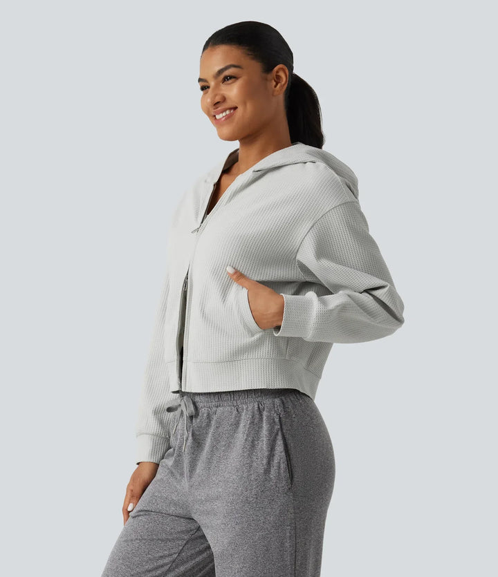 Hooded Long Sleeve Waffle Casual Jacket with Pockets