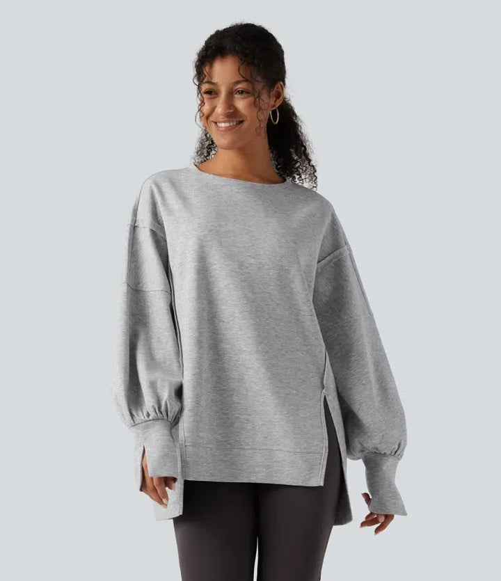 Round Neck Dropped Long Sleeve Slit Hem Casual Sweatshirt