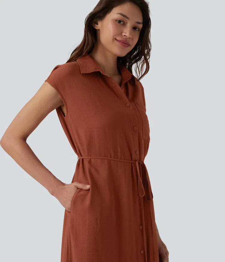 Collar Cap Sleeve Belted Curved Split Hem Midi Casual Shirt Dress with Pockets